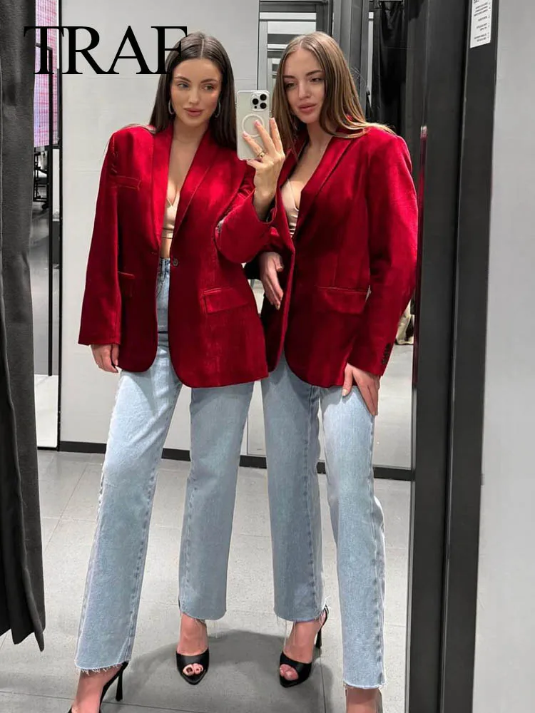 

TRAF 2024 Female Blazers Coats Red Turn Down Collar Long Sleeves Pockets Decorate Single Button Woman's Fashion Spring Jackets