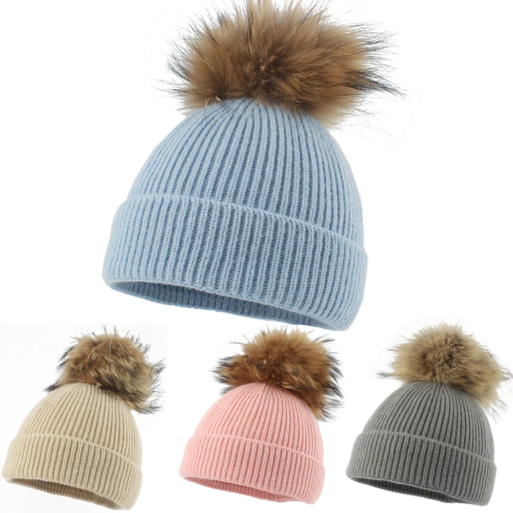 

Winter Warm Big Pompom Wool Knitted Baby Hat Children Infant Boys Girls Cute Real Fur Pom Hat Bonnet Solid Color Kids Beanie Cap