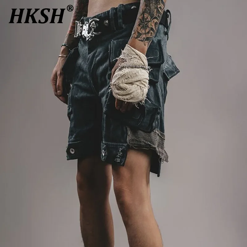 

HKSH Men's Tide Summer New Waste Land Geotextile Three-dimensional Multi Pockets Vintage Casual Denim Shorts Punk Capris HK1337