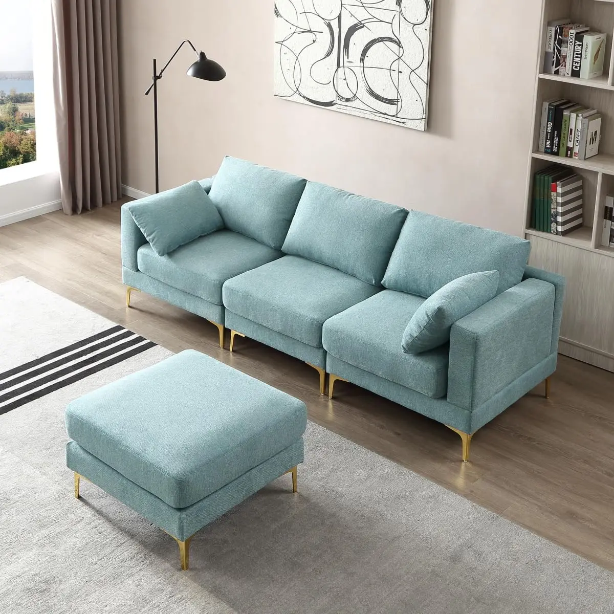 Turquoise Color 3-Piece Modular Sofa with Footrest,Sectional Couch Convertible to 3-Seater or Armchair,Golden Legs and 2 Pillows
Turquoise Color 3-Piece Modular Sofa with Footrest,Sectional Couch Convertible to 3-Seater or Armchair,Golden Legs and 2 Pillows