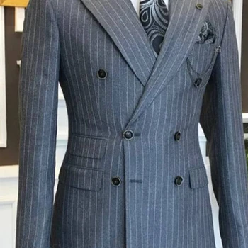 Traje Esportivo de Lazer Personalizado MAQVOB: o Par Perfeito para Estilo e Conforto 7 Grey Stripe Men’s Suits For Groom Tuxedos Peaked Lapel Slim Fit Blazer 1 Pieces Jacket Only Man Tailor Made Wear Clothing