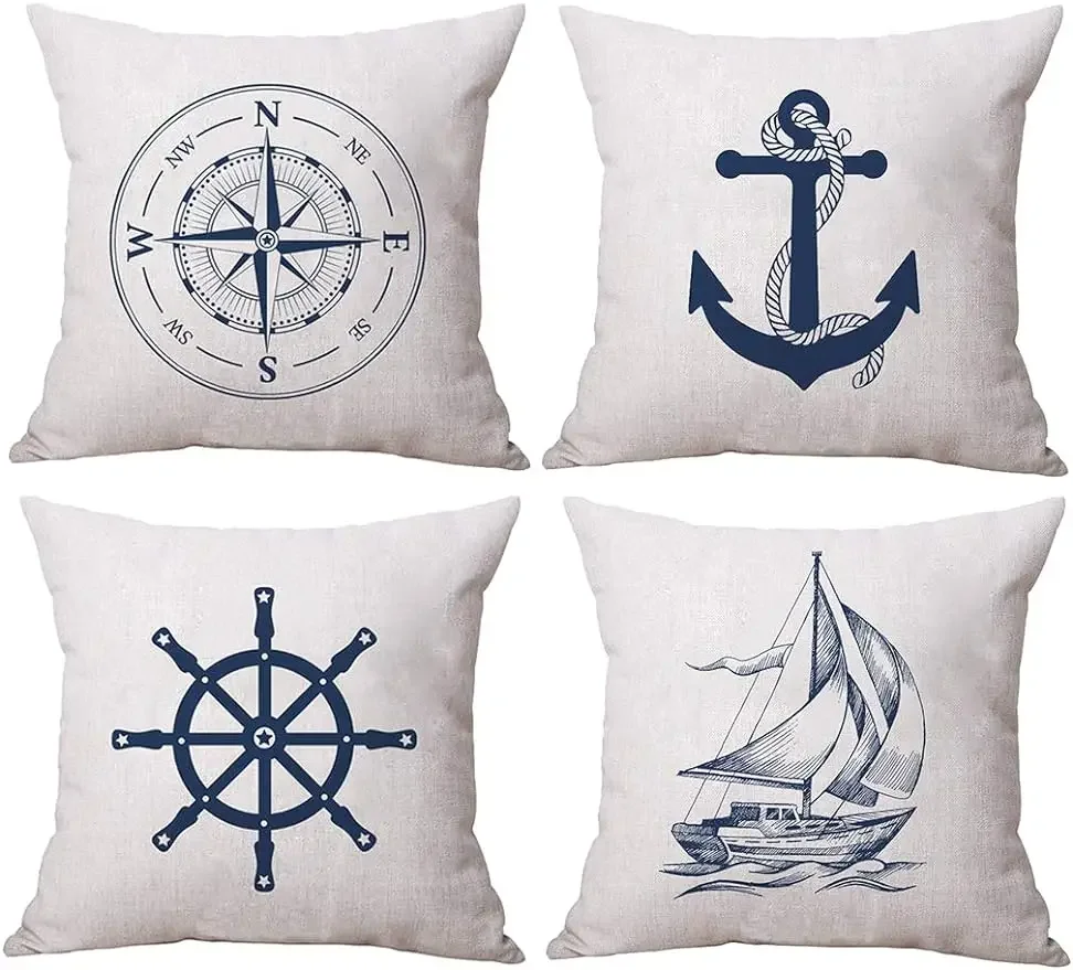 

Чехол для подушки с рисунком морской тематики для береговой навигации, голубая наволочка с рисунком, 55x45
