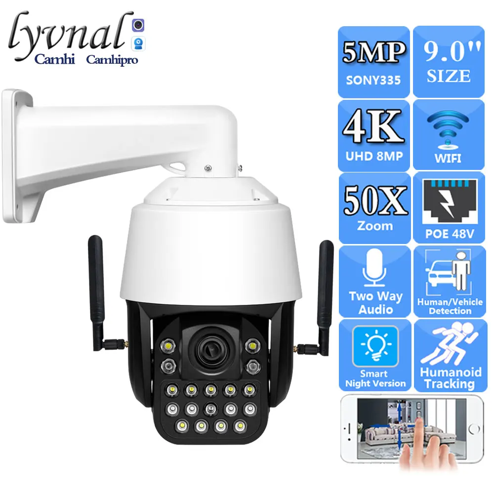 

Sonyimx415 4K 8MP Wireles IP Camera Wifi PTZ Dome POE 5MP 50X Zoom Human Tracking Laser IR 200M Two Way Audio Color Night Vision