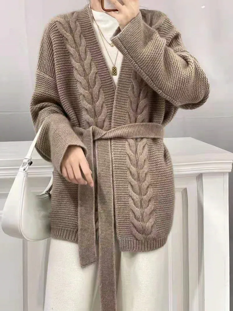 

SZDYQH Women's Sweaters Long Sleeve V-Neck Knit Cardigan Lady 100% Wool Solid Cardigans Loose Large Size Outerwear Casual Coat