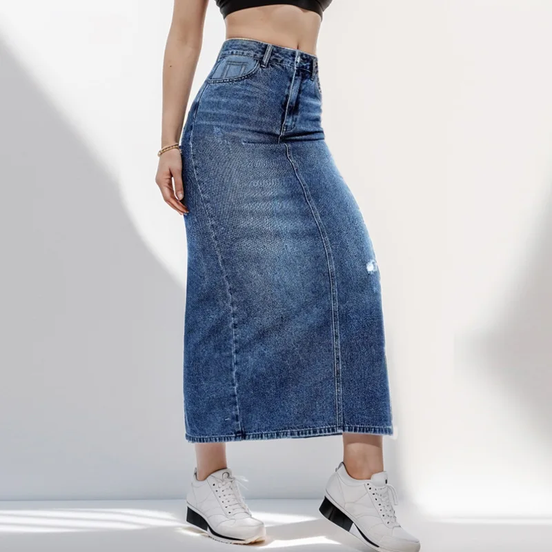 

Джинсовая Новинка 2024, джинсовая юбка с разрезом и эффектом потертости