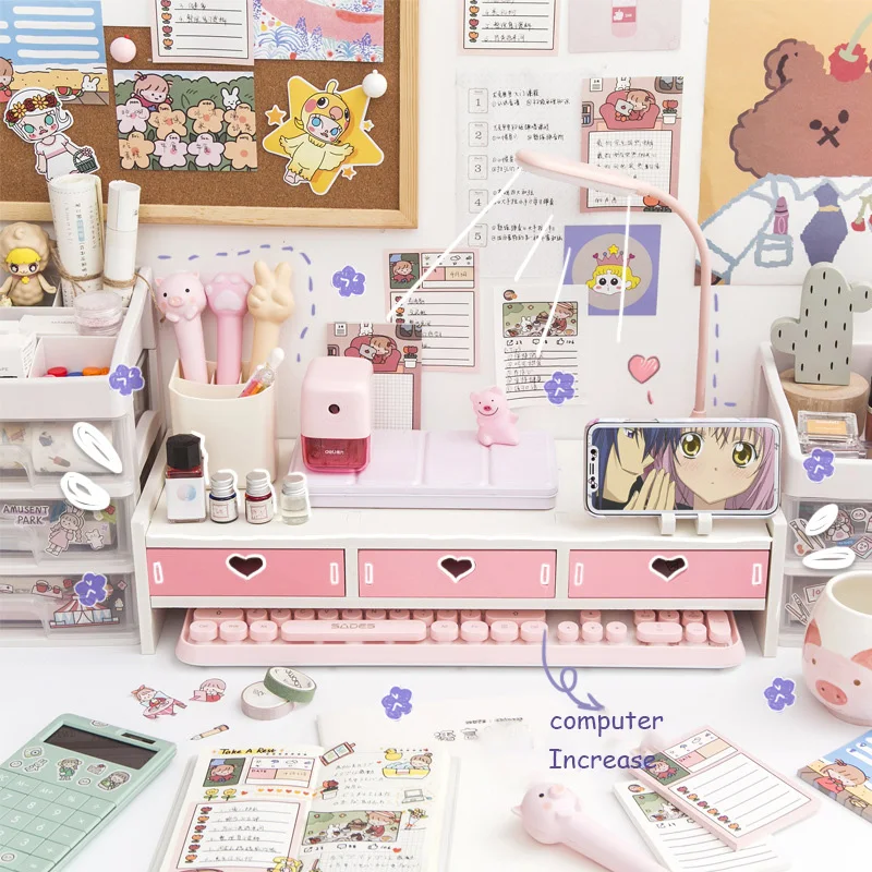 New Cute Desktop Computer Monitor Increase Rack Office Dormitory Storage Bedroom Table Shelf Stationery Supplies |