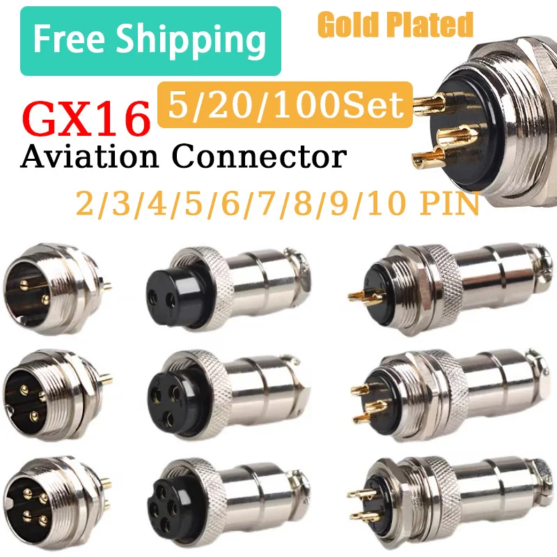 

5/20/100Set GX16 2 3 4 5 6 7 8 9 10 PIN Gold Plated Aviation Plug Socket Male Female 16mm M16 Wire Panel Circular Connector