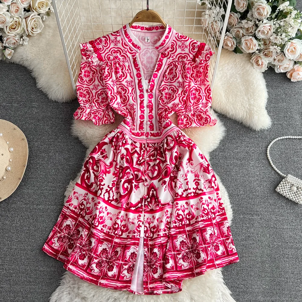 

JAMERARY Runway Red Blue White Porcelain Floral Mini Dress Women Short Sleeve Single Breasted Vintage Holiday Robe Party Vestido