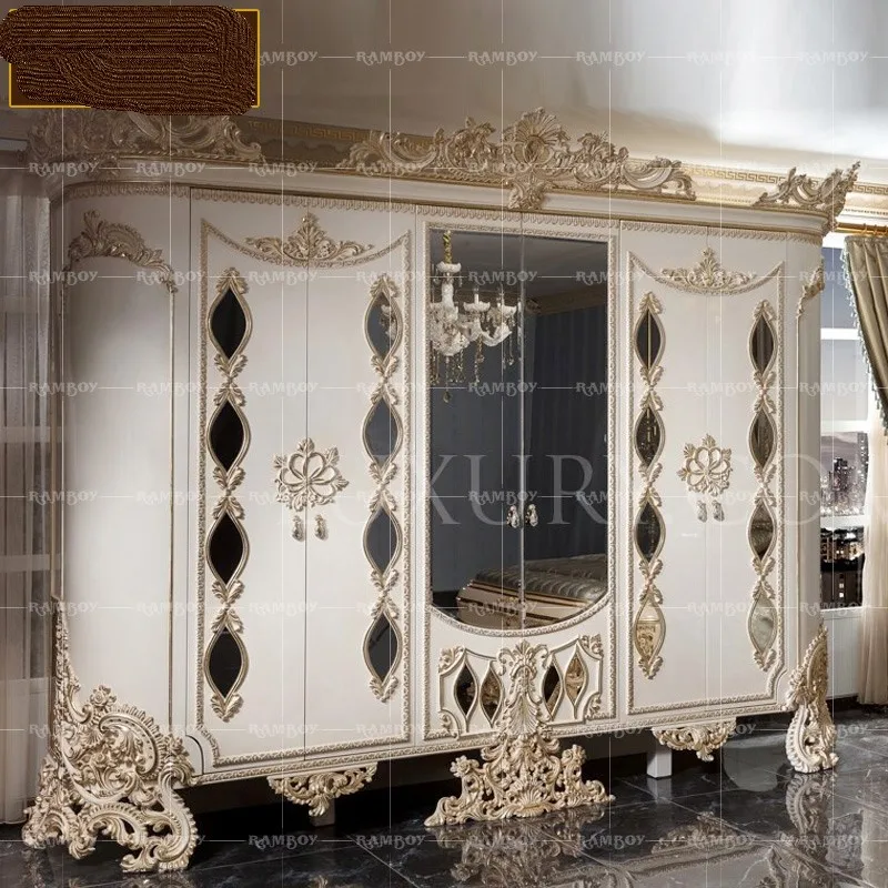 

Bedroom European-style Solid Wood Carved Lockers French Palace Luxury Painted Gold Rrincess Wardrobe Villa Court