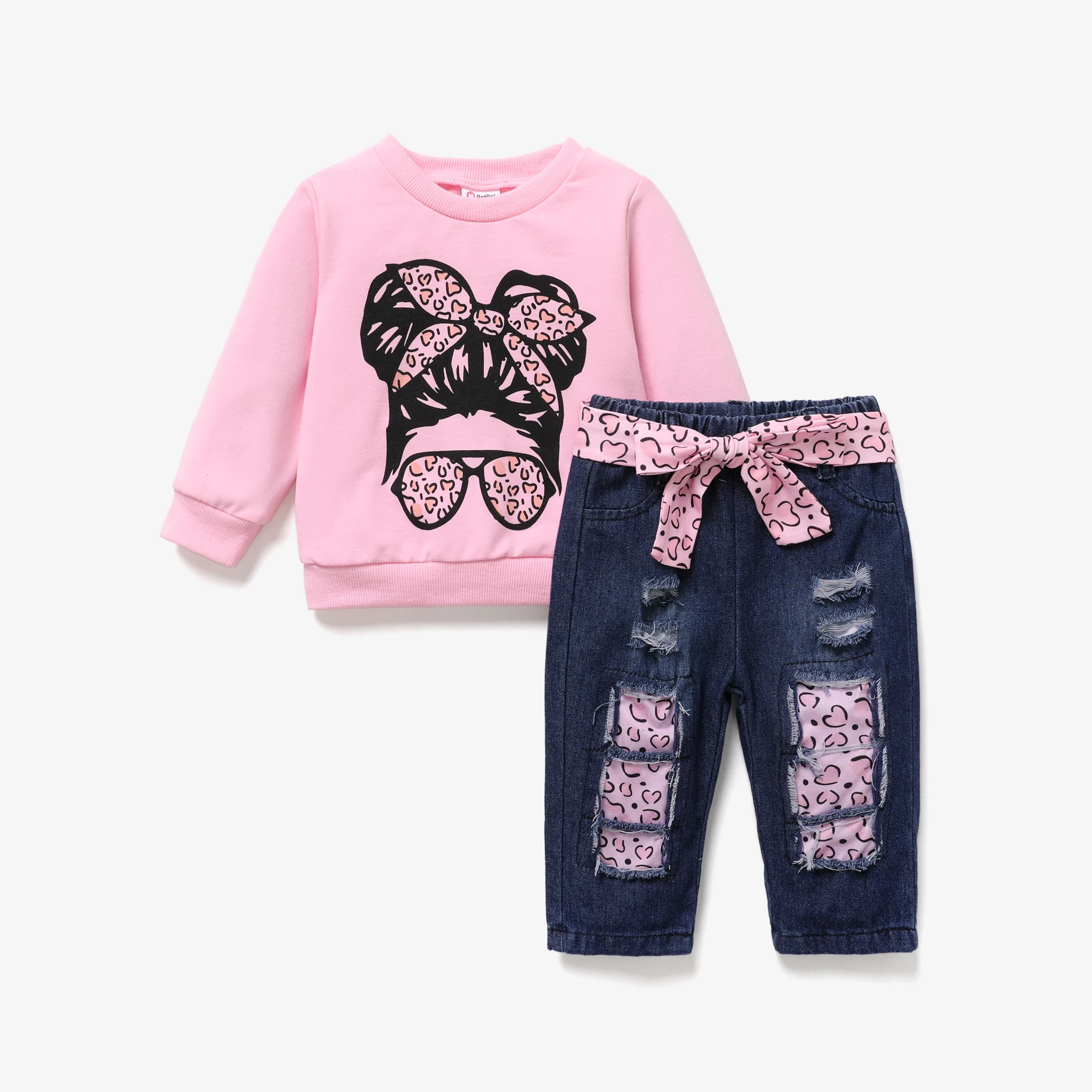 

PatPat 2pcs Baby Girl Figure Print Long-sleeve Sweatshirt and 100% Cotton Belted Ripped Jeans Set