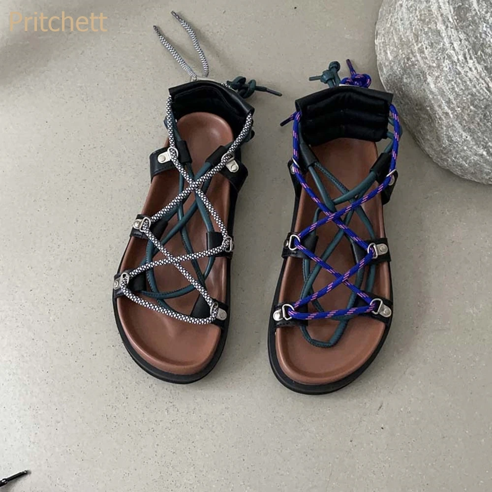 

2023 New Thick-soled Platform Shoes Free Mixed Color Flat Sandals Women Color-blocking Straps Open-toed Roman Shoes Beach Shoes