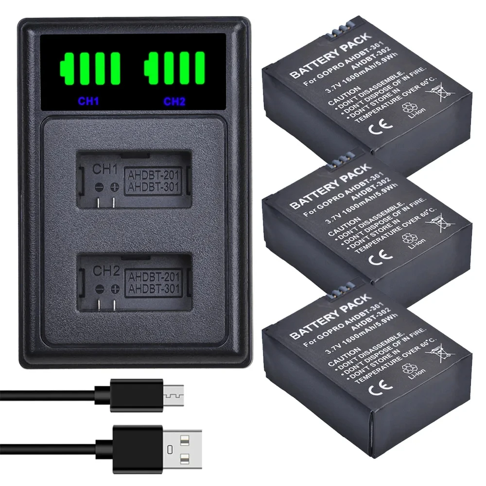 

3.7V 1600mAh AHDBT-301 AHDBT301 AHDBT 301 Li-ion Battery for GoPro Hero3 + LCD 2-Channel USB Charger for Gopro Hero 3/3+