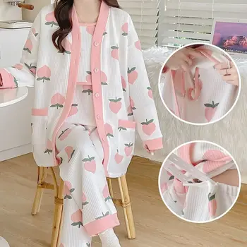 Cotton Women Maternity Nursing Sleepwear Spring Autumn Breastfeeding Pajamas Suit For Pregnant Women Pregnancy Nightwear 3Ps Set