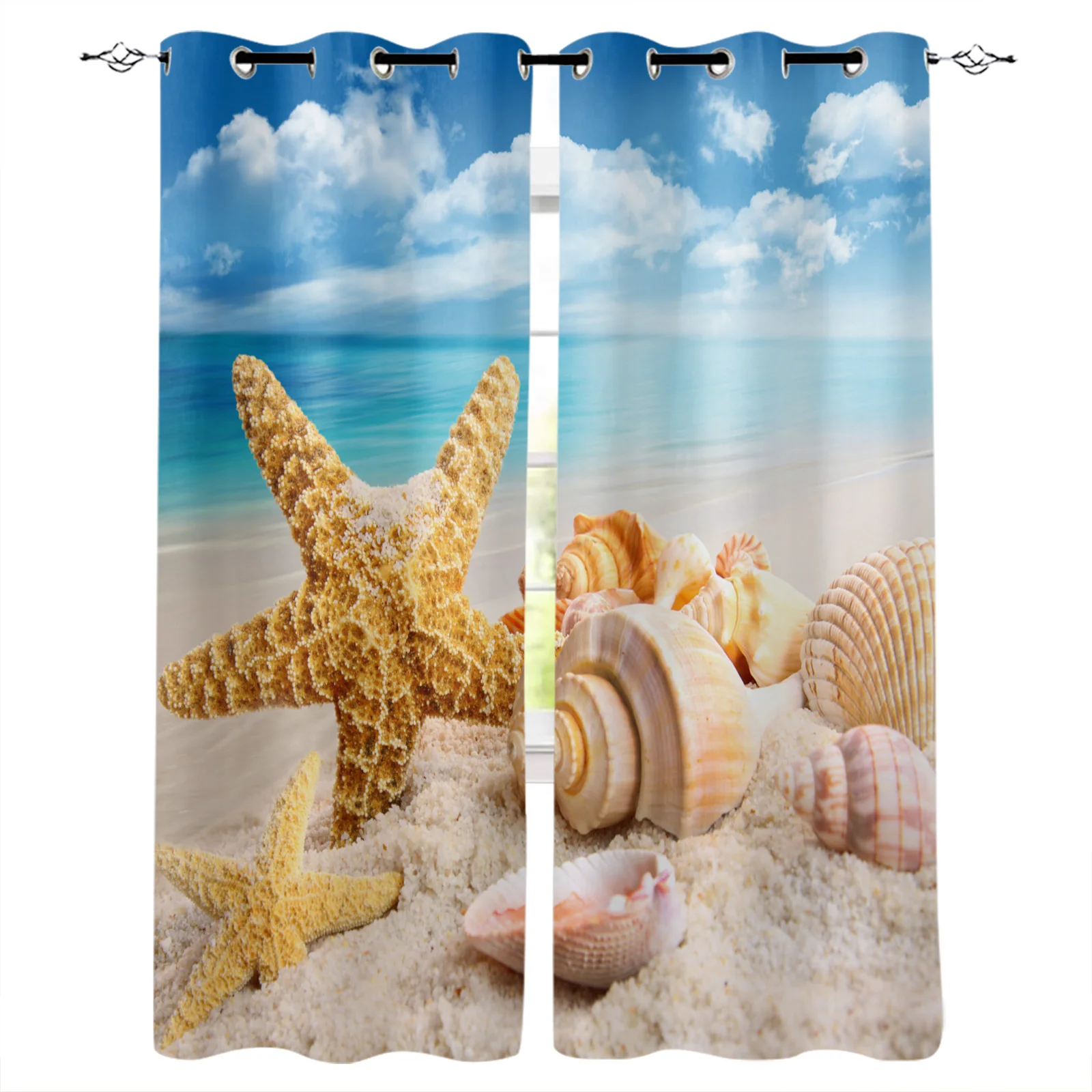 

Beach Sea Starfish Shells Blue Sky Blackout Curtains Window Curtains for Bedroom Living Room Decor Window Treatments