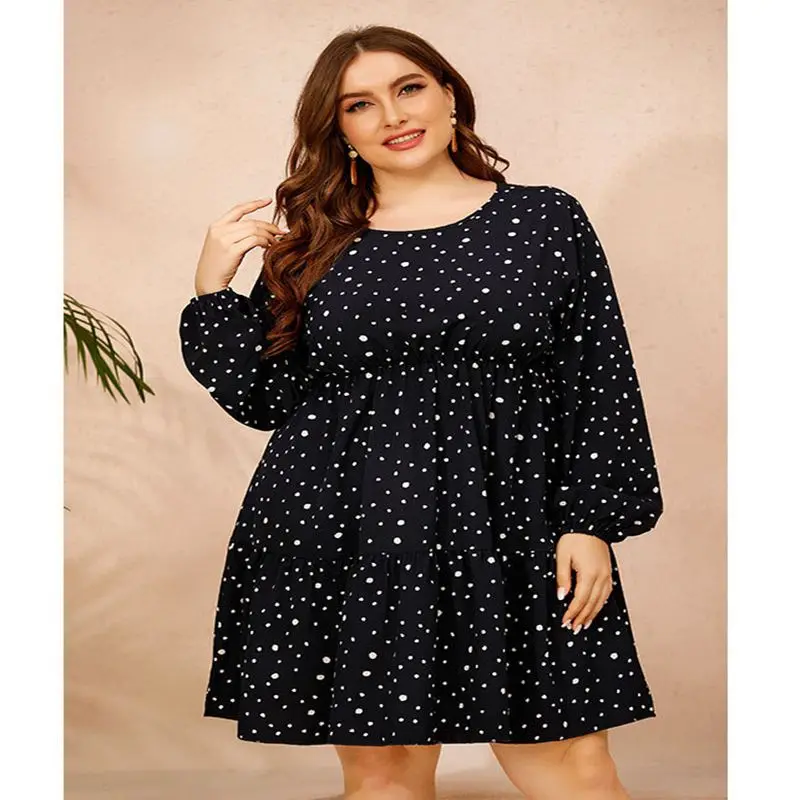 

Summer new plus-size casual dress 8XL 7XL 6XL fashion ladies polka-dot round neck long-sleeved western-style loose dress