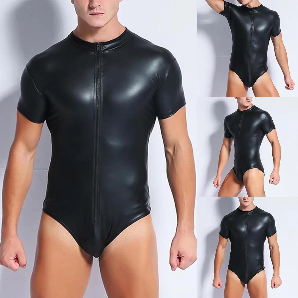 PU Leather Bodysuit Men Wetlook Leotard Jumpsuit Short Sleeve Stretch Front Zipper Bodysuits Sexy Black Clubwear Undershirts
PU Leather Bodysuit Men Wetlook Leotard Jumpsuit Short Sleeve Stretch Front Zipper Bodysuits Sexy Black Clubwear Undershirts