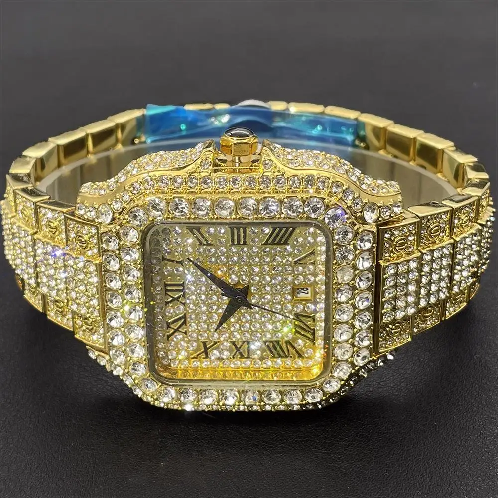 

Fashion Iced Watches Mens Brand MISSFOX Luxury Stianless Steel 18K Gold Quartz Clocks Hip Hop Full Diamond Square Wristwatch Man