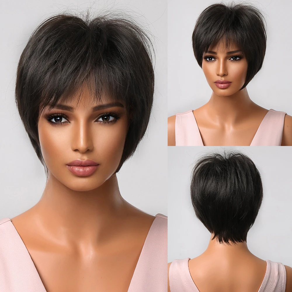 

ALAN EATON Short Synthetic Wigs for Women Black Brown Pixie Cut Wigs with Bangs Natural Daily/Cosplay Hair Heat Resistant fIBER