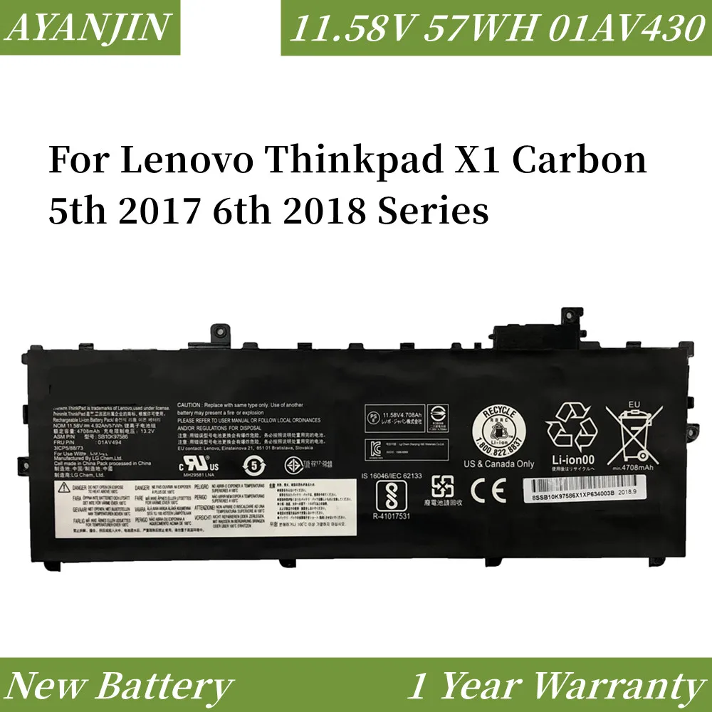 11.58V 57WH 01AV494 01AV430 Laptop Battery For Lenovo Thinkpad X1 Carbon 5th 2017 6th 2018 Series 01AV429 SB10K97586 01AV431
11.58V 57WH 01AV494 01AV430 Laptop Battery For Lenovo Thinkpad X1 Carbon 5th 2017 6th 2018 Series 01AV429 SB10K97586 01AV431