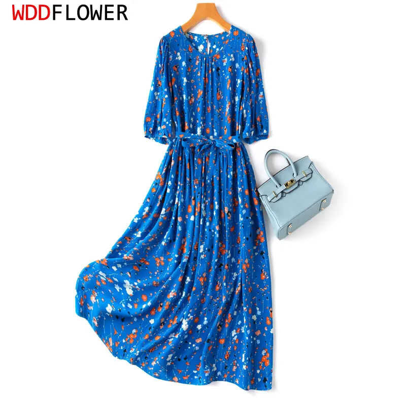 

Women Silk Midi Dress 100% Mulberry Silk Crepe Silk Royal Blue Floral Printed Crew Neck Belted Waist Long Dress Big Hem MM728