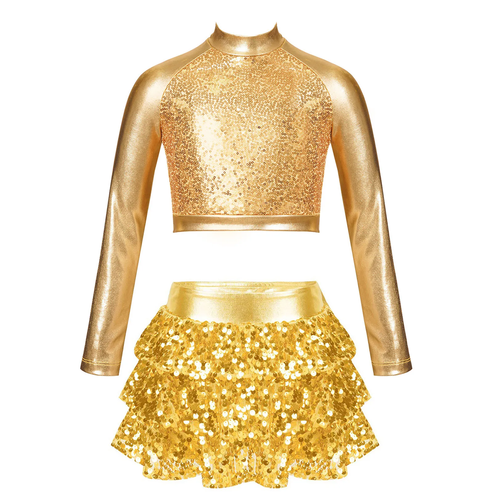 

Kids Girls Ballet Jazz Dance Performance Costume Shiny Metallic Long Sleeve Crop Top with Tiered Ruffle Skirted Shorts Culottes