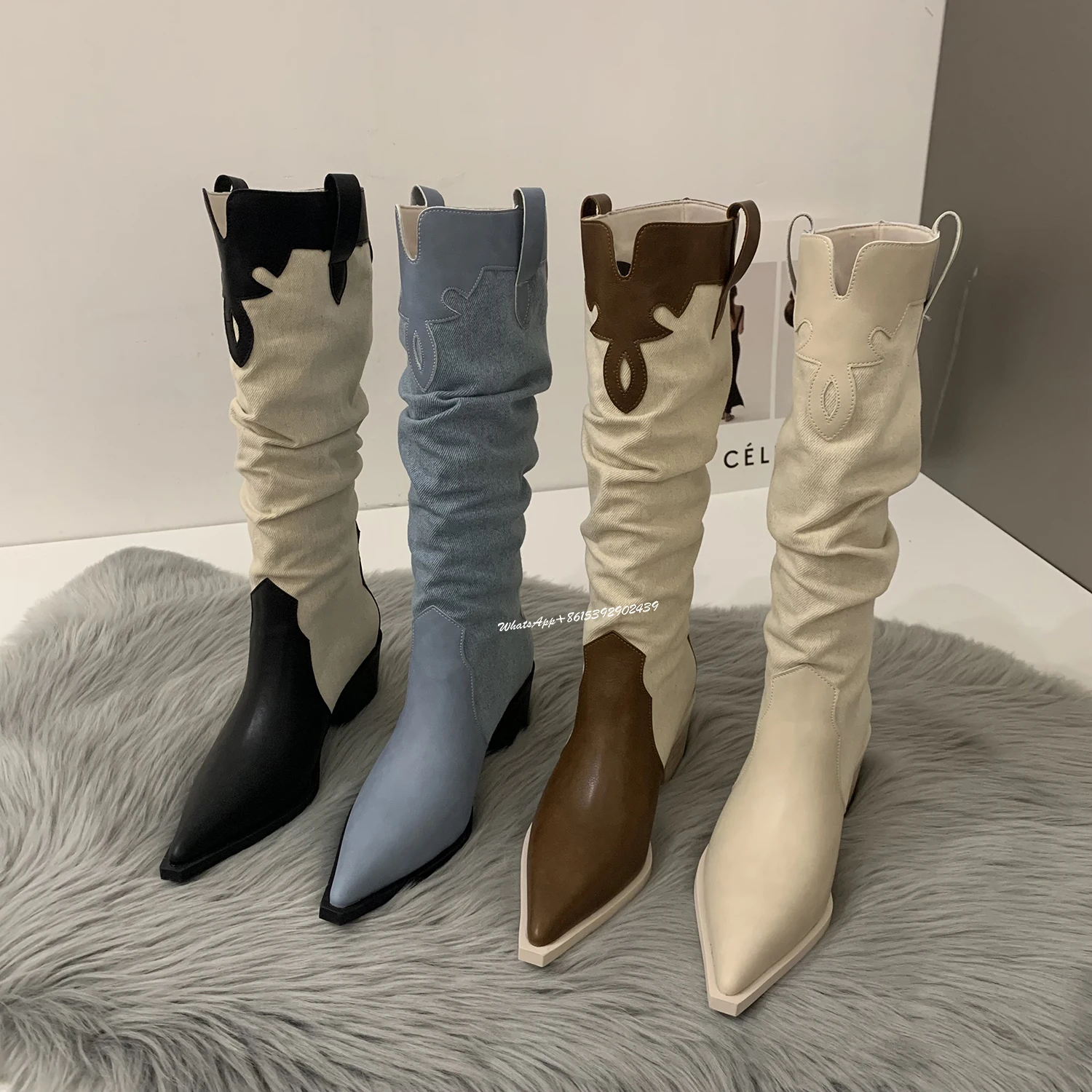 Women Street Leather Patchwork Knee Boots Thick Heel Low Heel Color Block Denim Booties Pointed Flat Calf Winter Fashion Shoes
Women Street Leather Patchwork Knee Boots Thick Heel Low Heel Color Block Denim Booties Pointed Flat Calf Winter Fashion Shoes