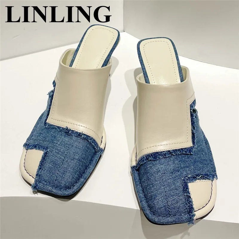 Fashion Patchwork Denim Leather Square Toe Slippers Women 2023 High Heels Casual Slides Stripper Party Sandals Mule Shoes Ladies
Fashion Patchwork Denim Leather Square Toe Slippers Women 2023 High Heels Casual Slides Stripper Party Sandals Mule Shoes Ladies