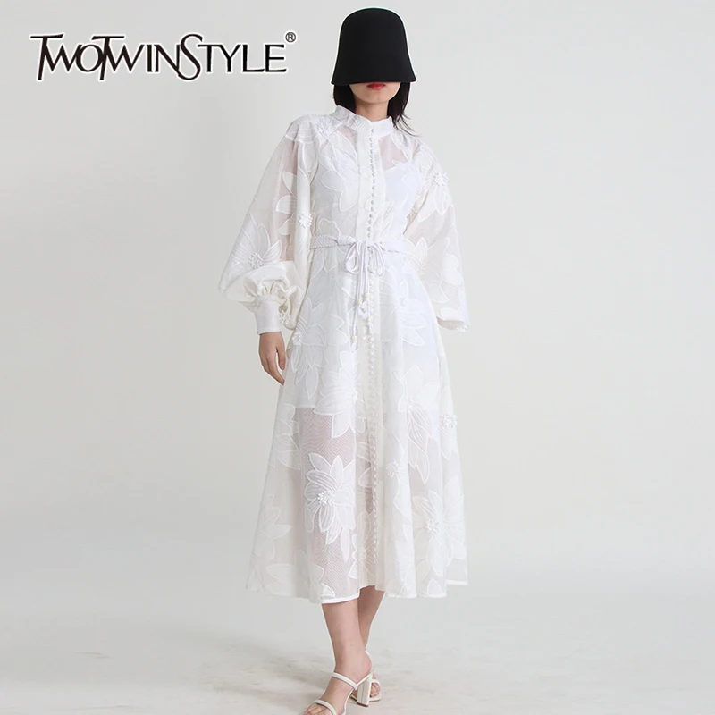

TWOTWINSTYLE Solid Printing Dresses For Women Turtle Neck Long Sleeve Spliced Single Breasted Embroidery A Line Dress Female New