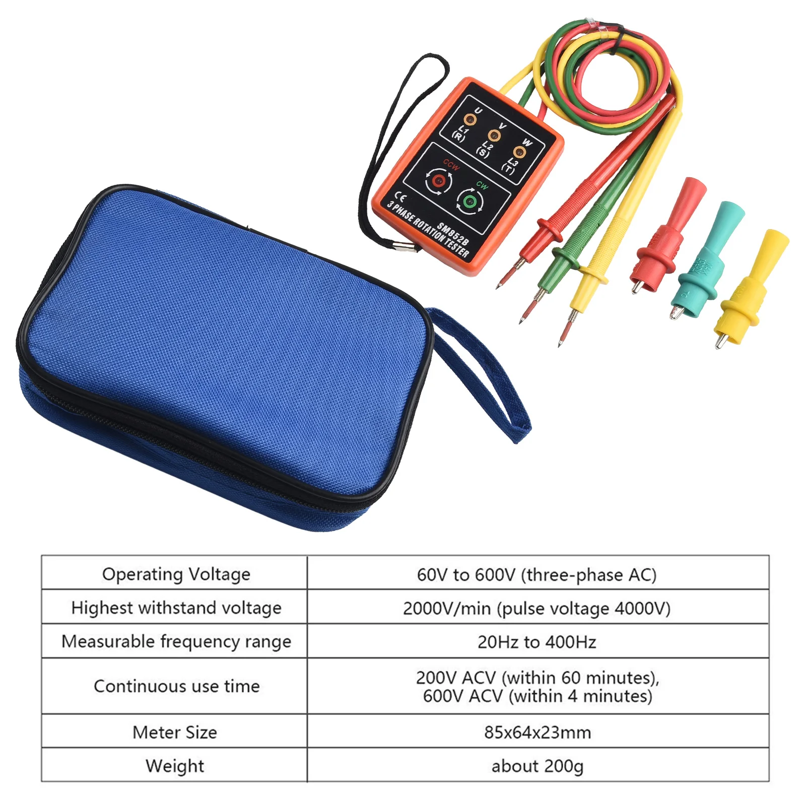 SM852B 3 Phase Sequ Ence Rotation Tester LED Indicator Detector Meter 60V~600V AC Three-phase 20 Hz ~ 400 Hz Measuring Tool
SM852B 3 Phase Sequ Ence Rotation Tester LED Indicator Detector Meter 60V~600V AC Three-phase 20 Hz ~ 400 Hz Measuring Tool