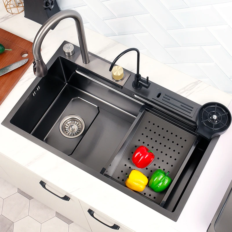 Smart Kitchen Sink Waterfall Faucet Stainless Steel Sink Black Large Sink multi function dish drainer for kitchen accessories
Smart Kitchen Sink Waterfall Faucet Stainless Steel Sink Black Large Sink multi function dish drainer for kitchen accessories