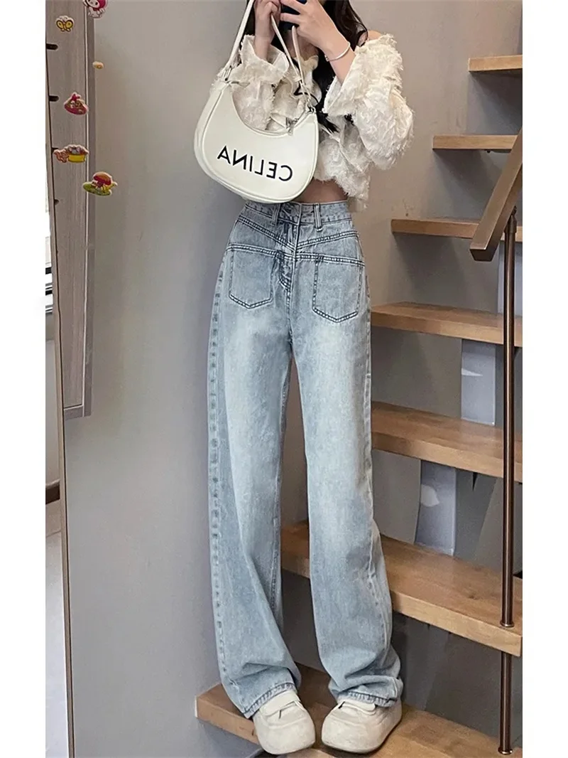 

Pink Fashion Slim Straight Jeans Women Spring And Autumn 2024 New Design Sense Niche Pleated Buttons Mop Pants Wide-Leg Pants