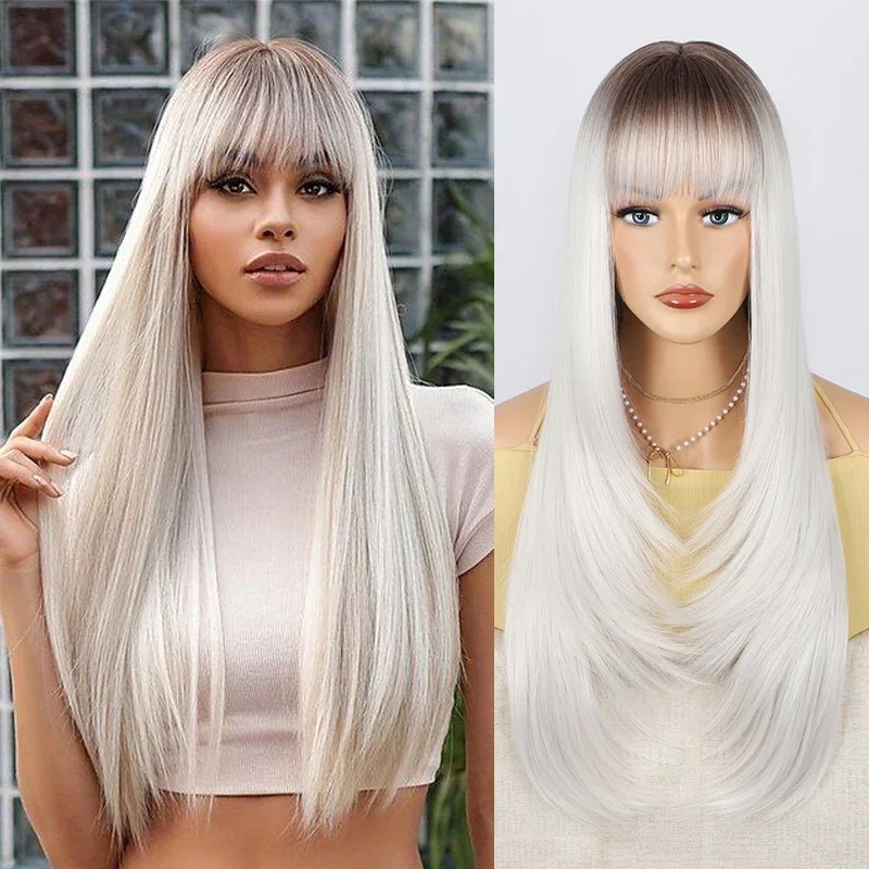 

Long Straight Wig with Bangs White Layered Hair Wigs for Women Cosplay Party Ombre Synthetic Heat Resistant Fake Hair Wig Lolita