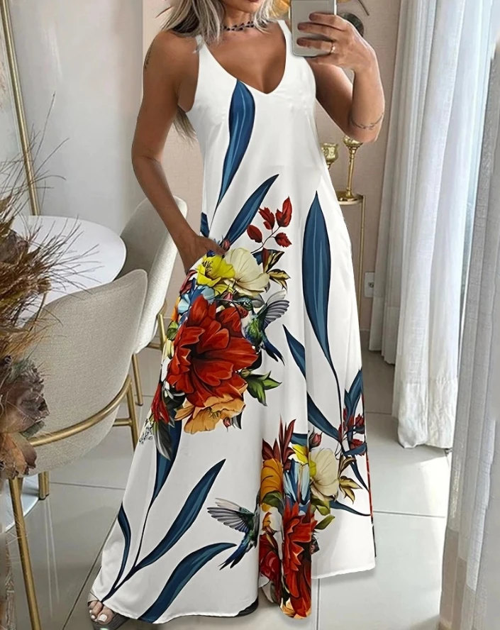 

Women's Summer Dress with Plant Flower Print Pocket Design Maxi V-Neck Sexy Fashion Vacation Beach Tourism Dress