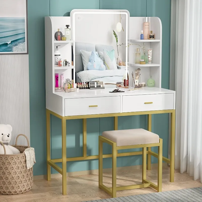 Vanity Set with Lighted Mirror, Makeup Vanity Dressing Table with LED Lights, Storage Shelves, Cushioned Stool & 2 Drawers
Vanity Set with Lighted Mirror, Makeup Vanity Dressing Table with LED Lights, Storage Shelves, Cushioned Stool & 2 Drawers