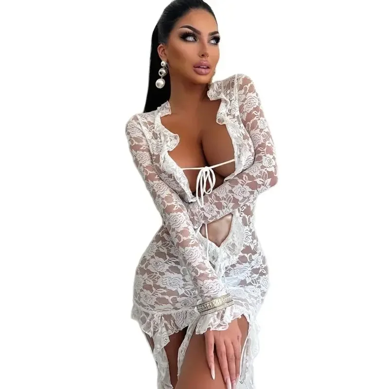 

Sexy Front Hollow Out Deep V Lace-up Dresses Women See-through Lace Long Sleeve Wrap Hip Dress Female Nightclub Party Slim Gown