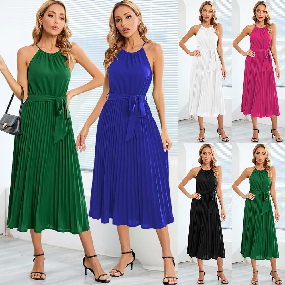 

Woman Sleeveless Spaghetti Straps Pleated Midi Dress Solid Colour Casual Elegant Dresses for Women 2024 Summer Mid-Length Skirt