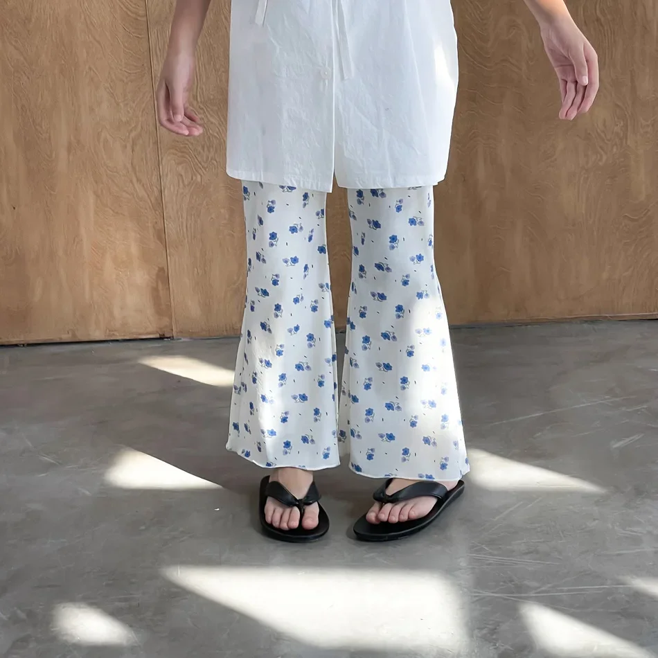 

Wide Leg Pants Princess Girls Causal Trousers Baby Summer Fragmented Flowers Flared 2024 Elastic Waist Printing Simple
