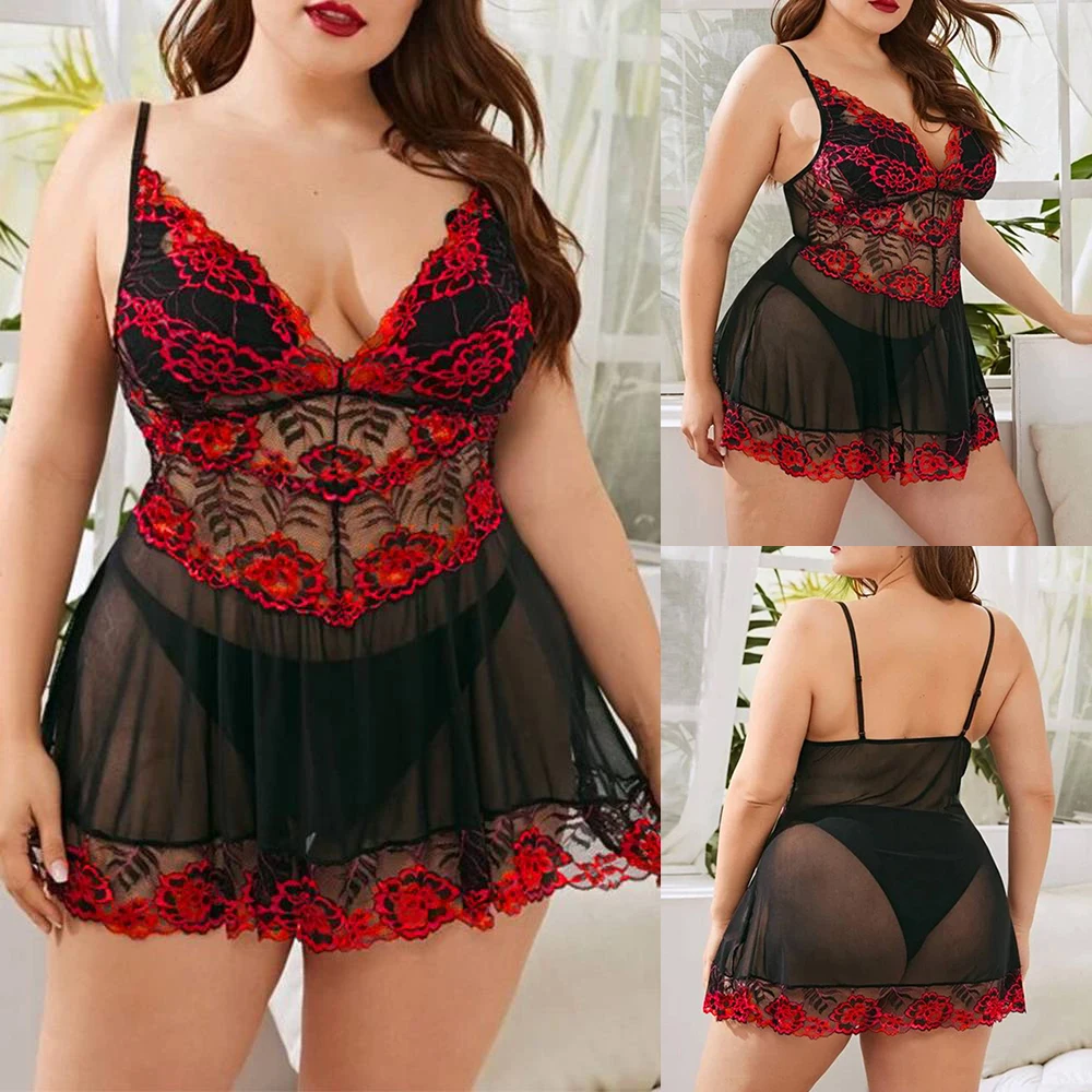 Pijama Feminino Sexy De Costura De Renda Suspens O Pura Plus Size V Profundo Camisola Porn