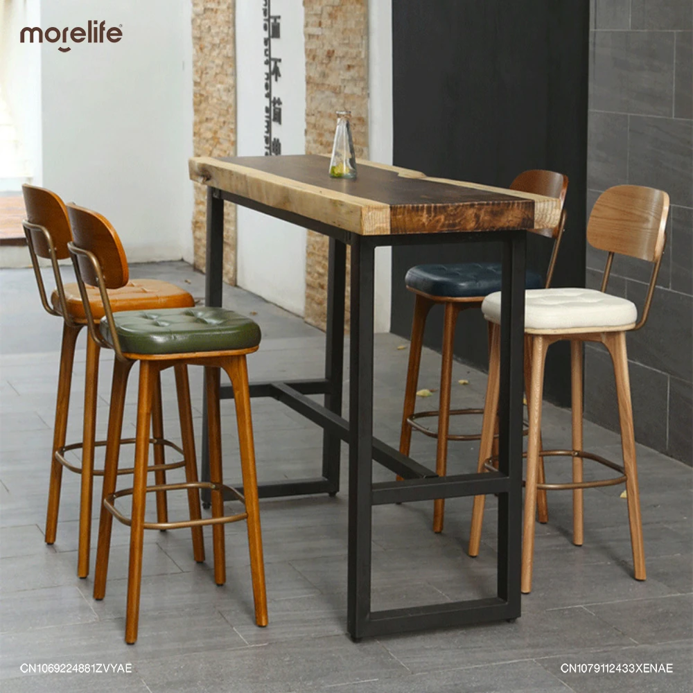 

Nordic Retro Solid Wood Bar Chairs Light Luxury Modern Minimalist Counter Stools Cash Register Chair Backrests High Legged Stool