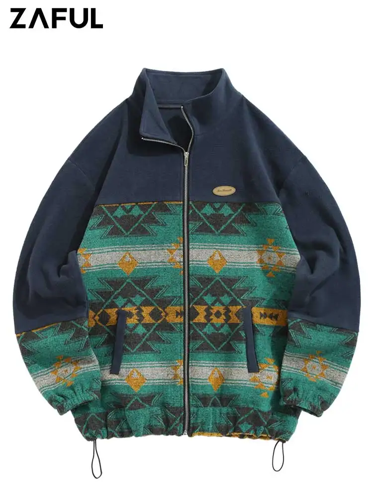 

ZAFUL Ethnic Aztec Printed Jacket for Men Fuzzy Polar Fleece Jacket Winter Stand Collar Zipper Outerwear with Pockets Z5114903