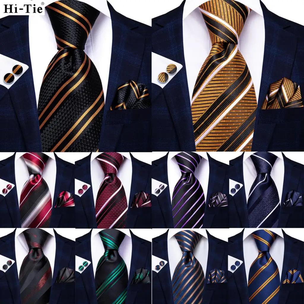 

Привет галстук черный Золотой Полосатый Шелковый Свадебный галстук для мужчин модный дизайн подарок мужской галстук Hanky запонки Набор Бизнес вечерние Прямая поставка