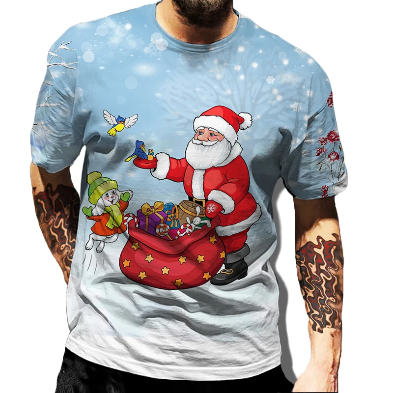 

3D Print Santa Claus Pattern Men's T Shirt Funny Snowman Prints Short Sleeve Tops Casual O-neck Loose Tee ​Y2k T-shirts for men