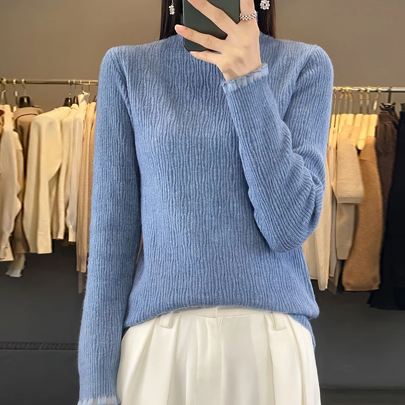 

Autumn Winter Women's Wool Blend Sweater Lace Half-high Twisted Pullover Casual Bottoming Top Female Slim Elasticity Knitwear