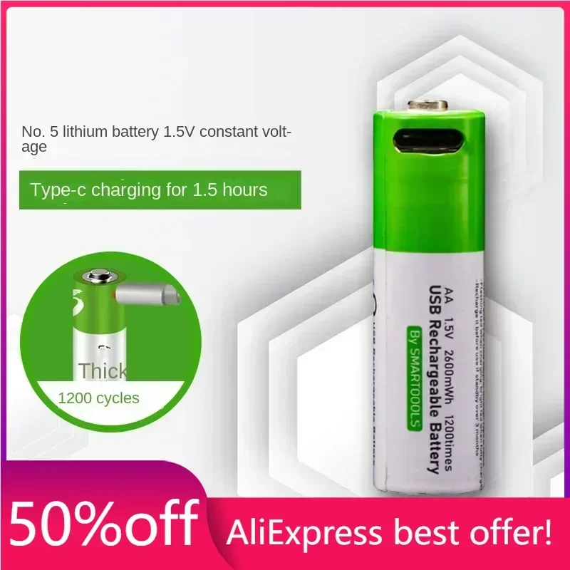 

High Capacity Rechargeable Batteries 5# 1.5v 2600mWh Fast Charge Type-C Port AA Battery for Toys and Doorbells
