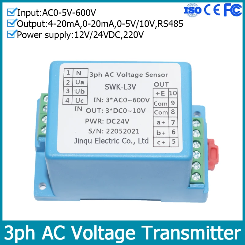 Three Phase AC Voltage Transmitter AC0-5V-600V 3 4 Wire Voltage Detection 4-20mA 0-20mA 0-5V 10V RS485 Output 3ph Voltage Sensor
Three Phase AC Voltage Transmitter AC0-5V-600V 3 4 Wire Voltage Detection 4-20mA 0-20mA 0-5V 10V RS485 Output 3ph Voltage Sensor
