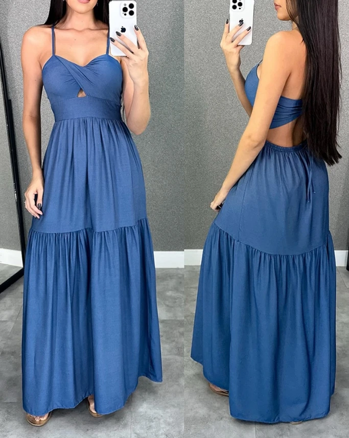

Women's Spaghetti Strap Ruched Front Denim Look Maxi 2024 Summer Latest V-Neck Crisis Cross Hollow Out Tied Detail Smock Skirt