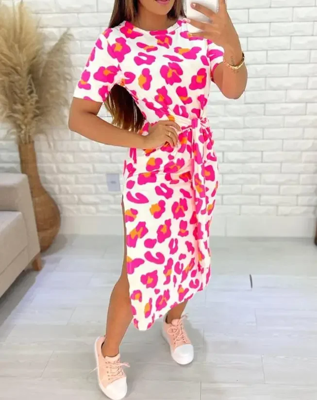 

Женское летнее платье с коротким рукавом, розовое Повседневное платье с леопардовым принтом и разрезом, в европейском и американском стиле