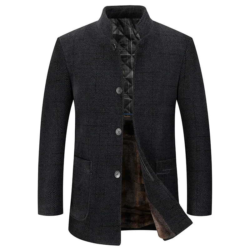 

Men Winter Long Sleeve New velvet stand collar woolen Coat Casual Business Woollen Wool Blend Solid Jacket Plus Size 4xl 3xl