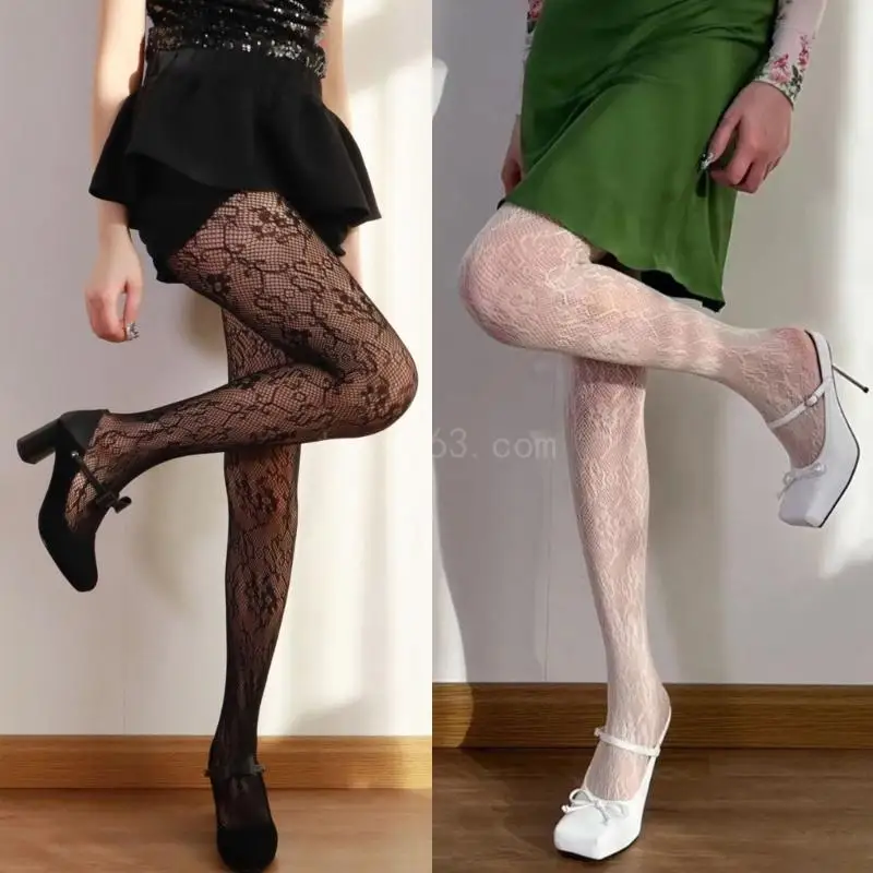 

Women Sexy Hollowed Out Sheer Fishnet Pantyhose Vintage Courtly Flower Lace Patterned Bottoming Leggings Tights Stockings