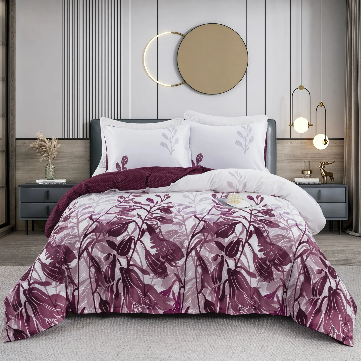 

Maroon Floral Duvet Cover Set King Queen Double Single Full Twin Size, 3 Piece Soft Printed Microfiber Duvet Comforter Covers